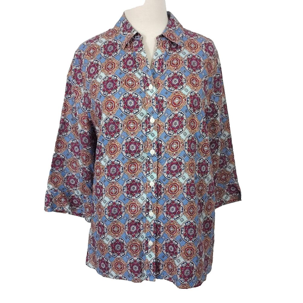 Chico's No Iron 100% Linen Shirt Size 3 Women 16 18 Floral Button Up 3/4 Sleeve